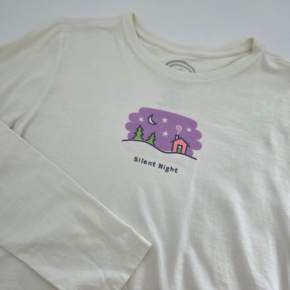 Life is Good Long Sleeve Tee Cream Silent Night Graphic Women Small